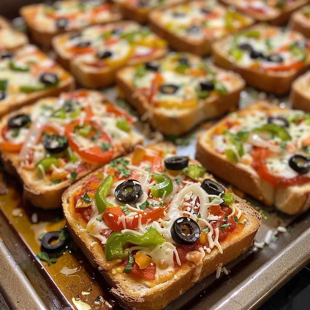 A plate of mini garlic toast pizzas displaying vibrant toppings on a golden-brown crust.