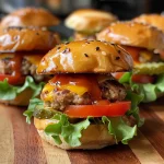 Close-up of mini turkey sliders with lettuce and tomato.
