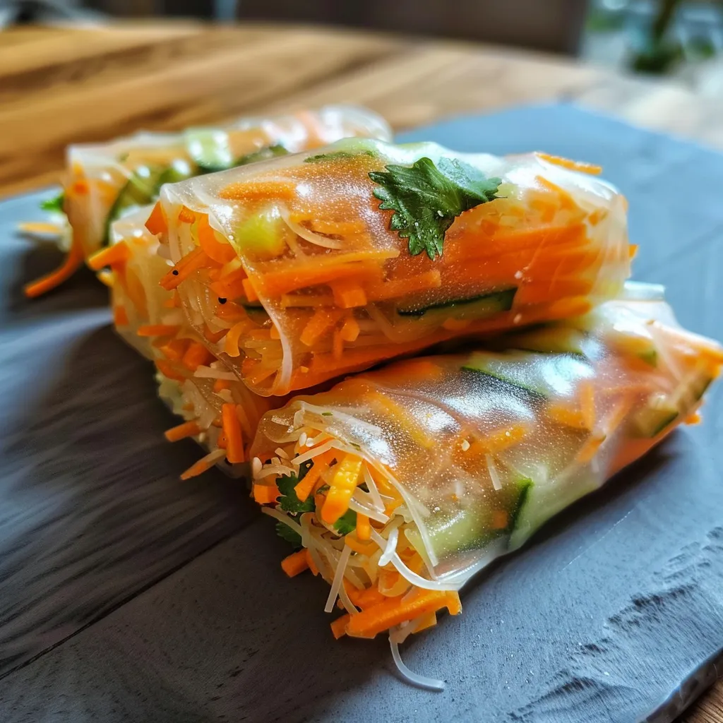 Juicy mini veggie spring rolls garnished with herbs, displayed on a plate.