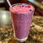 Refreshing smoothie made from mixed berries and banana, shown from the side with a creamy texture.