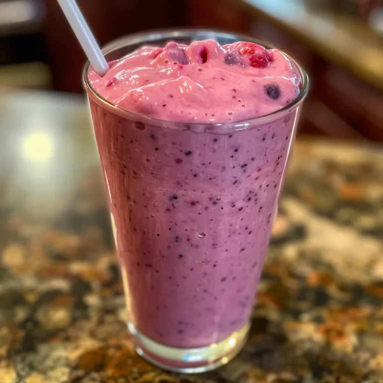 Refreshing smoothie made from mixed berries and banana, shown from the side with a creamy texture.