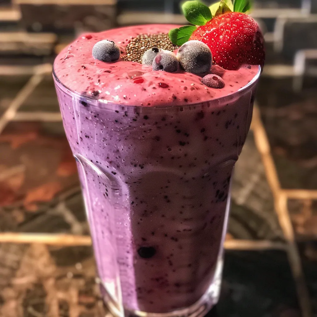 Juicy mixed berry and banana smoothie, featuring colorful ingredients in a tall glass.