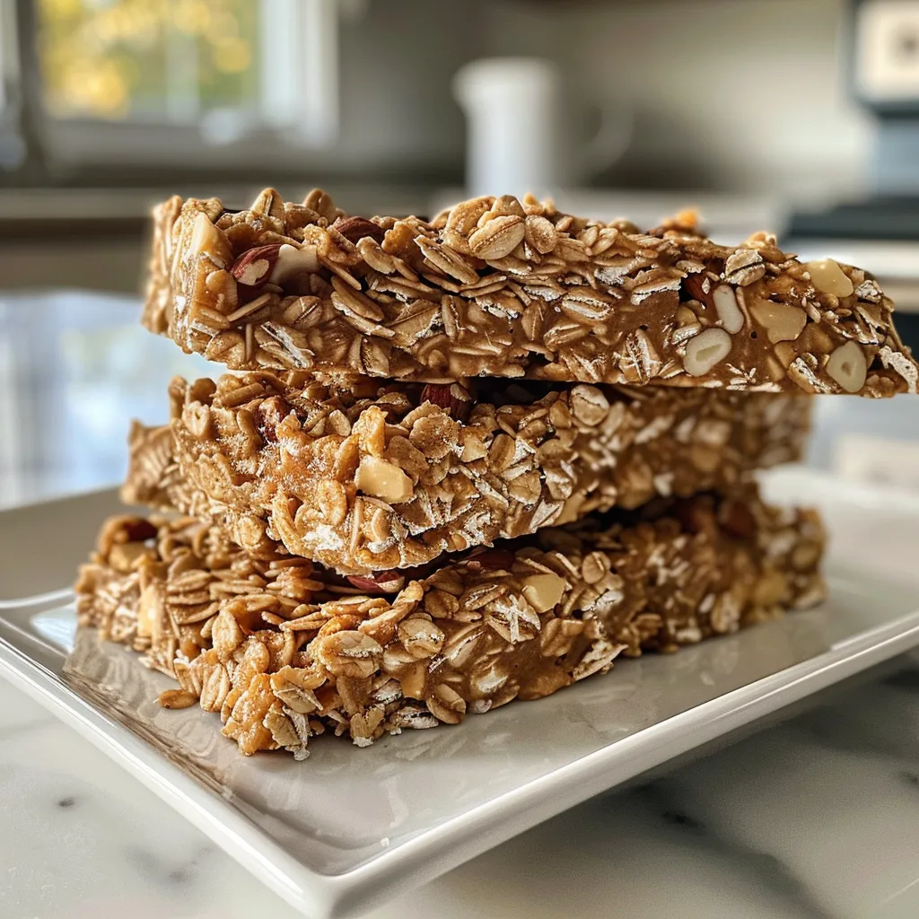 Freshly made No Bake Granola Bars on a wooden surface, emphasizing the natural ingredients used.