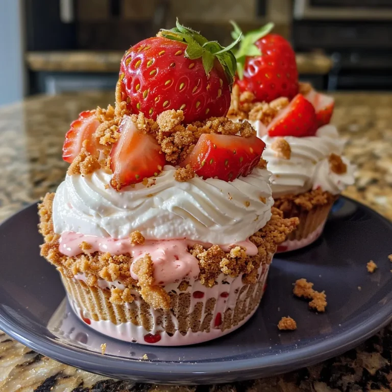 Detailed shot of No-Bake Strawberry Crunch Cheesecake Cups highlighting the golden cookie crust and fresh strawberry topping.