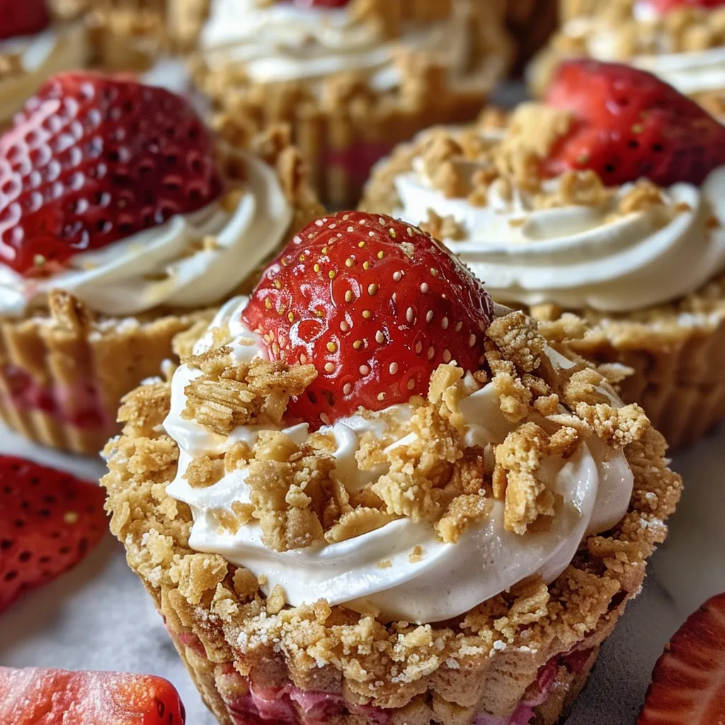 Juicy No-Bake Strawberry Crunch Cheesecake Cups presented in clear cups, with vibrant strawberries and creamy layers.