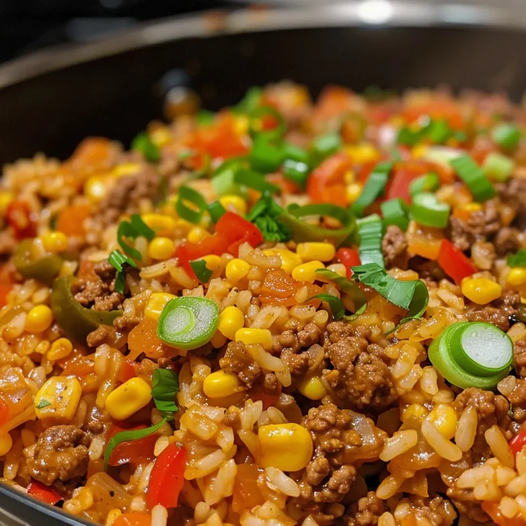 Effortless One-Pot Taco Beef and Rice Skillet: A Flavor-Packed Dinner Solution A vibrant dish of taco beef and rice, garnished with spring onions.