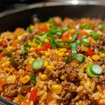 Juicy One Pot Taco Beef and Rice Skillet in a skillet, featuring a colorful mix of peppers and corn.