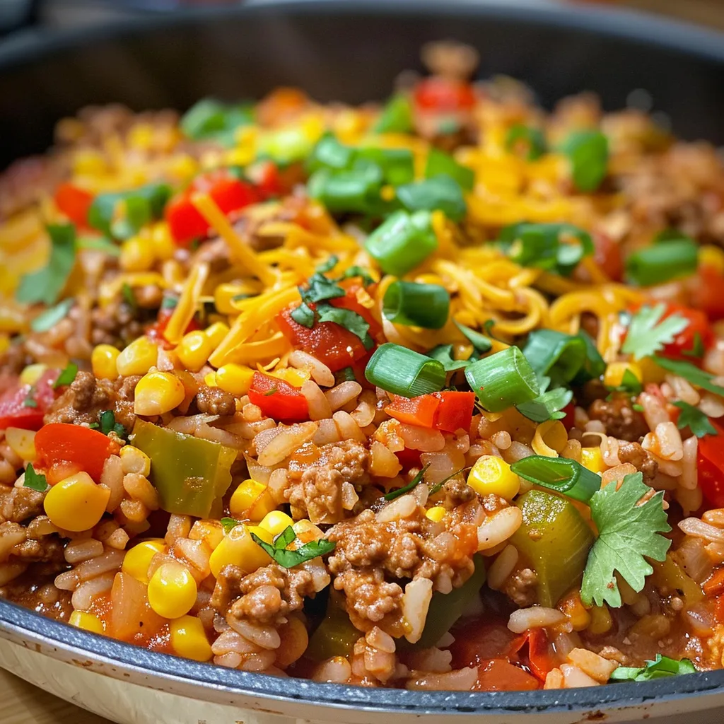 A hearty one-pot meal featuring ground beef, rice, and peppers.