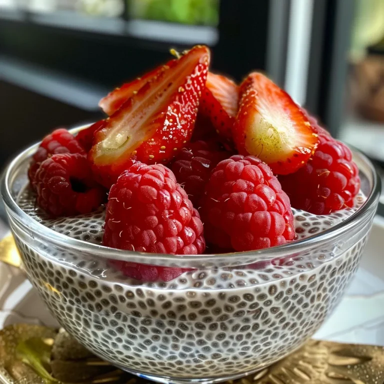 A detailed image of overnight chia pudding with juicy berries and a sprinkle of coconut on top.