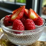Detailed image of overnight chia pudding with a spoon resting beside it.