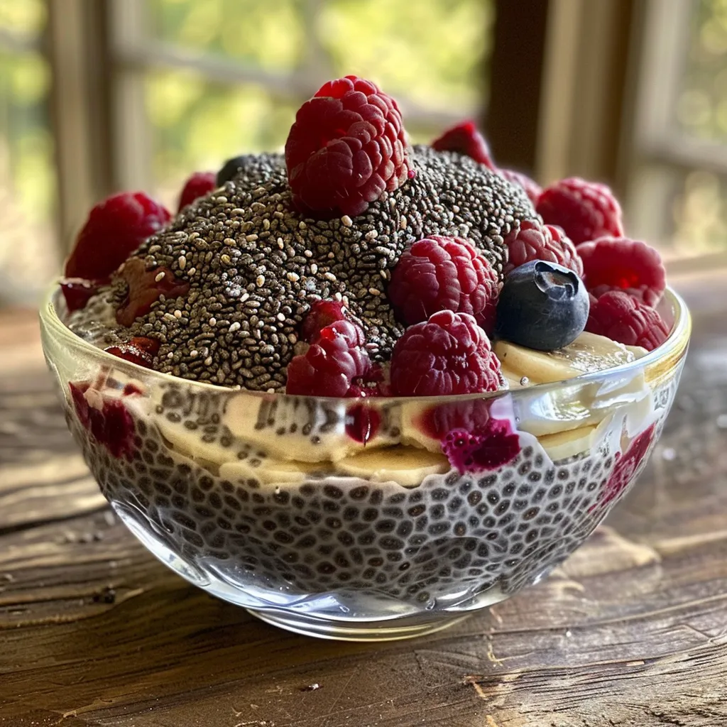 A visually appealing chia pudding filled with chia seeds, almond milk, and assorted fruit toppings.