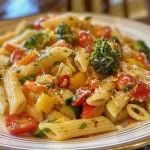 Side view of freshly made Pasta Primavera showcasing a medley of vegetables and pasta.