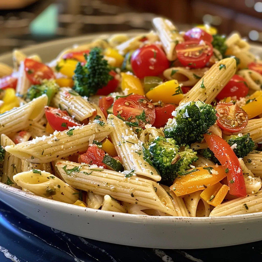 A bright and appetizing serving of Pasta Primavera with herbs and cheese on top.