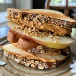 Juicy apple slices filled with creamy peanut butter and sprinkled with granola.