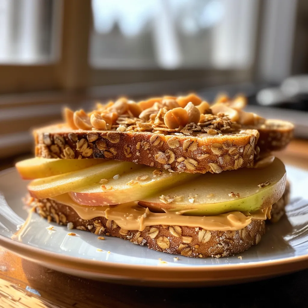 Colorful apple and peanut butter sandwiches with granola displayed on a plate.