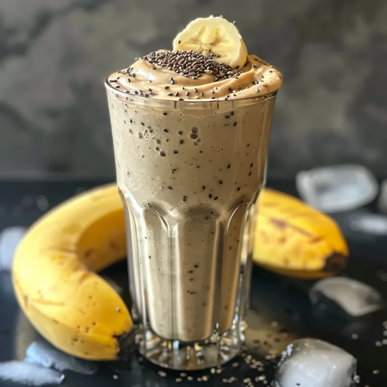 Thick peanut butter banana smoothie topped with a sprinkle of cinnamon.