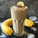 Smoothie made from banana and peanut butter served in a clear glass.