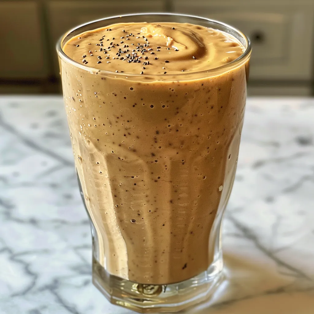 Refreshing smoothie made with bananas and peanut butter, served in a clear glass.