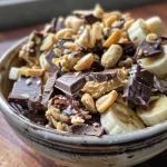 Juicy peanut yogurt banana chocolate clusters with a glossy dark chocolate shell and crunchy peanuts.