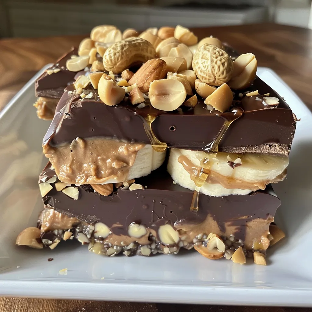 Bite-sized peanut yogurt banana clusters with chopped peanuts and melted chocolate.