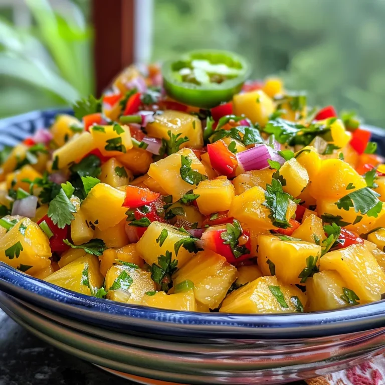 Juicy pineapple mango salsa with fresh ingredients displayed.