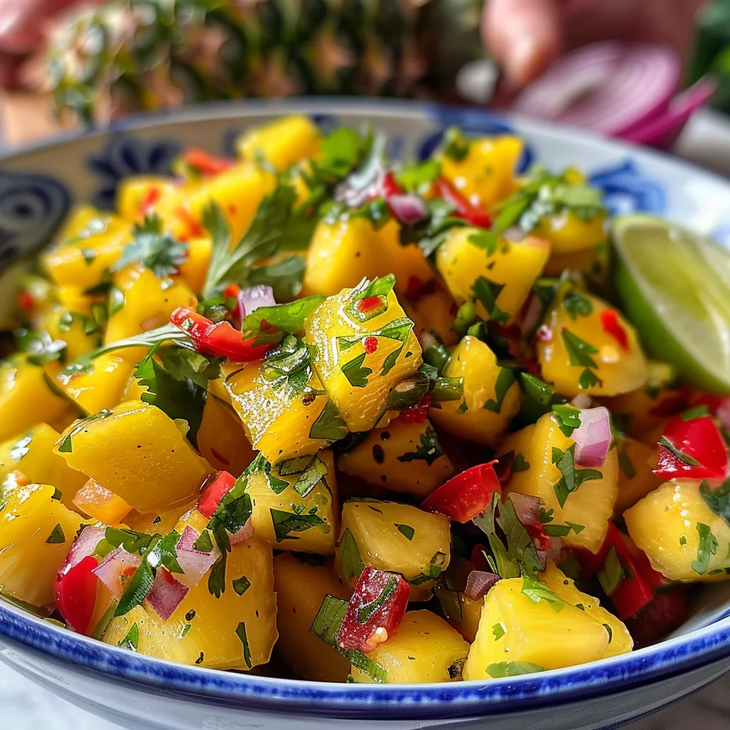 Detailed view of a delicious salsa featuring chopped pineapple and mango.