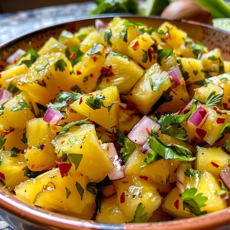 Juicy pineapple salsa displayed in a bowl, showcasing bright colors from pineapple, bell pepper, and cilantro.