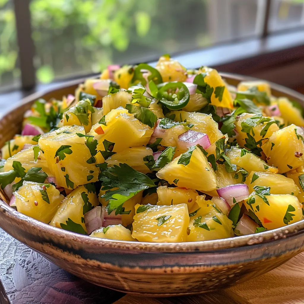 Detailed image of a fresh pineapple salsa, highlighting diced pineapple, jalapeños, and garnished with chopped cilantro.