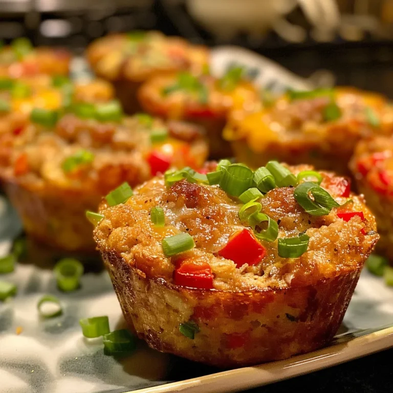 Detailed side shot of sausage oatmeal muffins, emphasizing their inviting golden tops and garnished green onions.