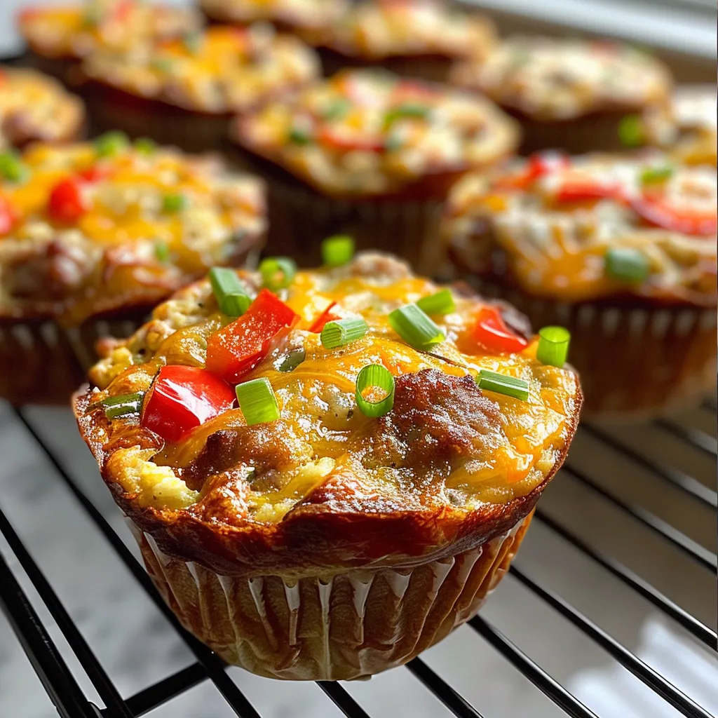 Close-up of delicious sausage oatmeal muffins with a focus on the fluffy texture and melted cheese on top.