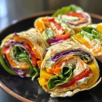 Juicy Rainbow Veggie Pinwheels with cream cheese filling displayed artfully.