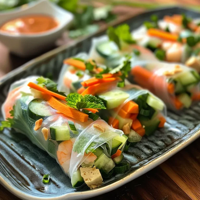 Detailed image of rice paper wraps arranged neatly, revealing a mix of veggies and herbs.