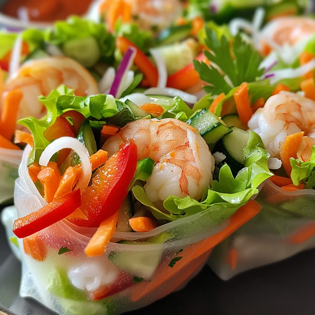 Juicy rice paper wraps filled with shrimp, vegetables, and herbs against a plain background.