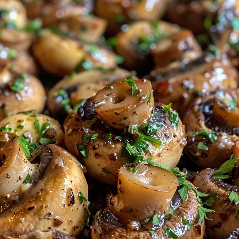 Fresh button mushrooms cooked in garlic and butter, garnished with parsley.
