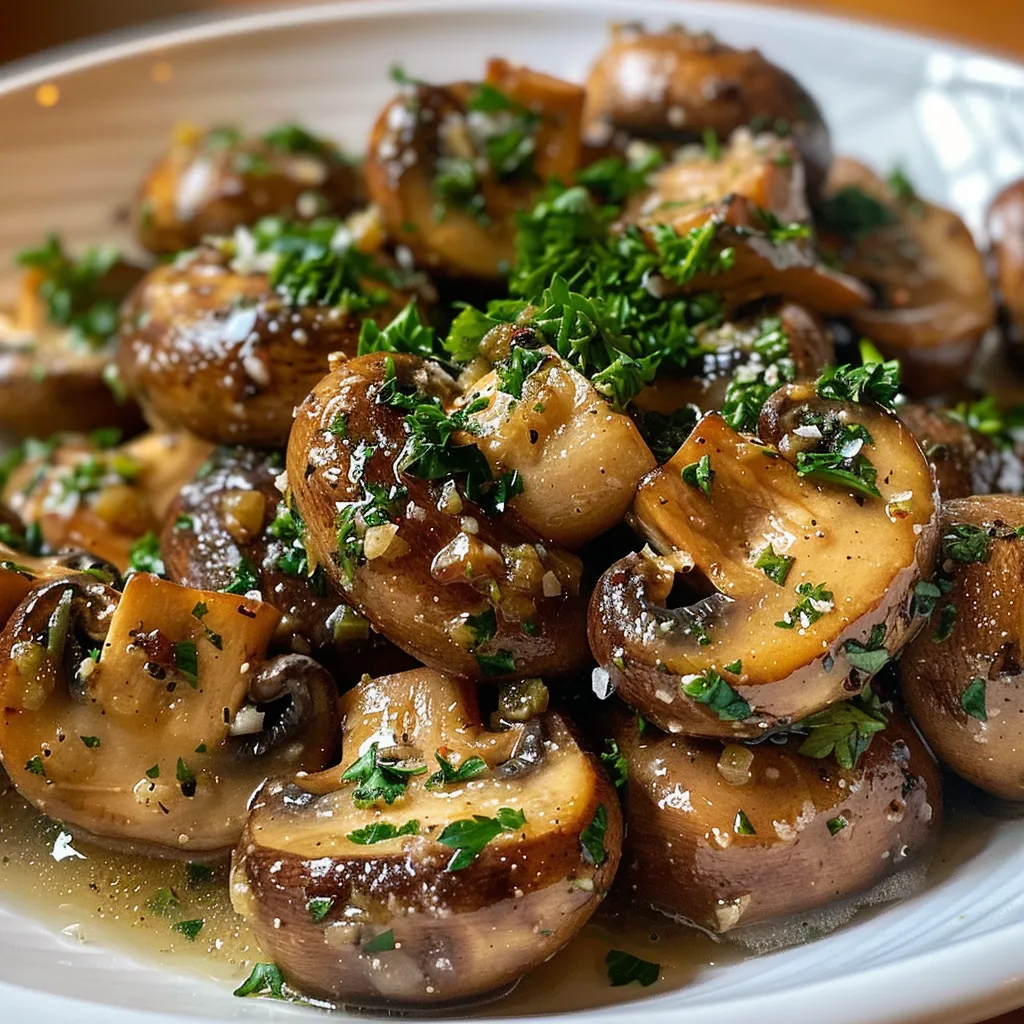 Juicy mushrooms in a buttery garlic sauce, displayed on a rustic background.