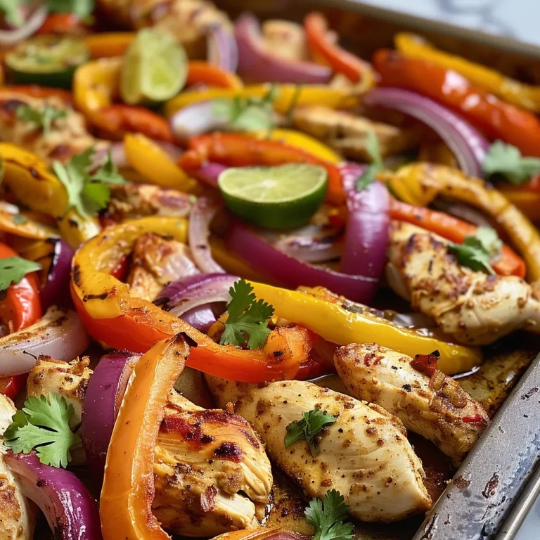 Juicy chicken fajitas on a sheet pan with red, yellow, and orange bell peppers arranged neatly.