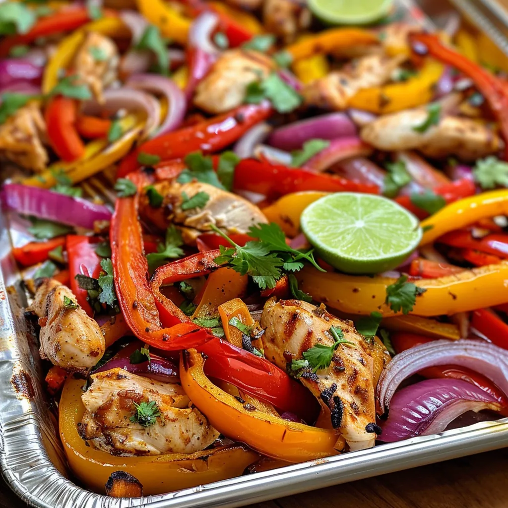 Delicious sheet pan fajitas showcasing chicken, peppers, and onions, ready to be served with tortillas.