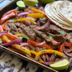 An appetizing close view of cooked steak fajitas featuring sliced flank steak, peppers, and onion.