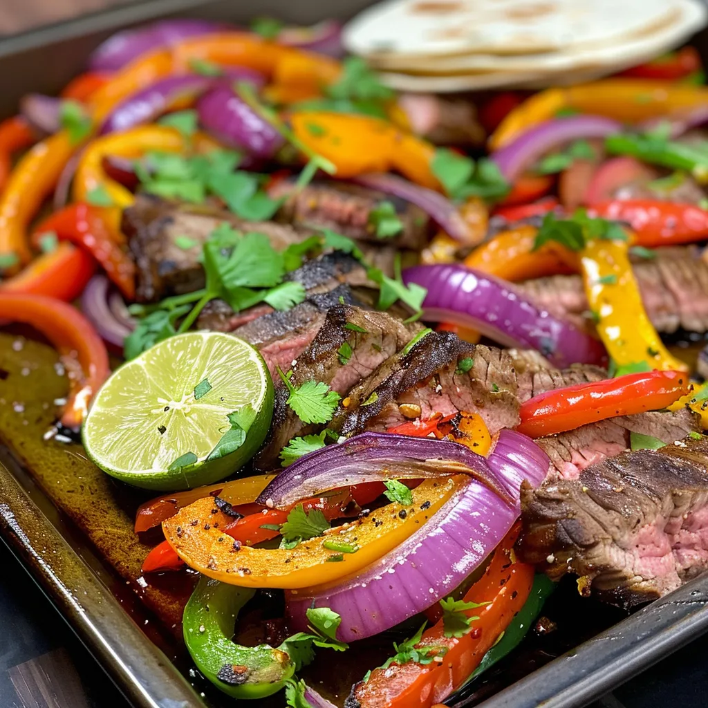 A detailed image of sheet pan steak fajitas served with lime wedges and garnished with cilantro.