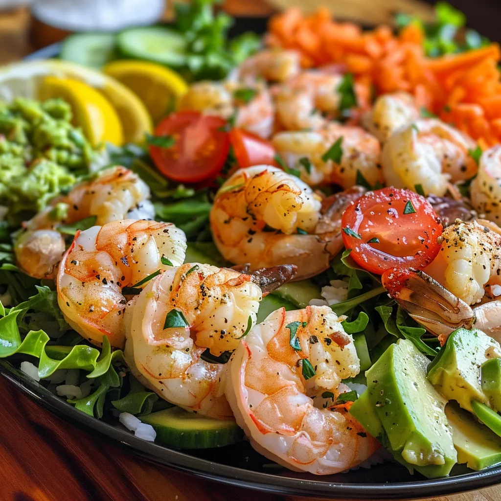 Close-up photograph of shrimp salad ingredients arranged artistically in a bowl.