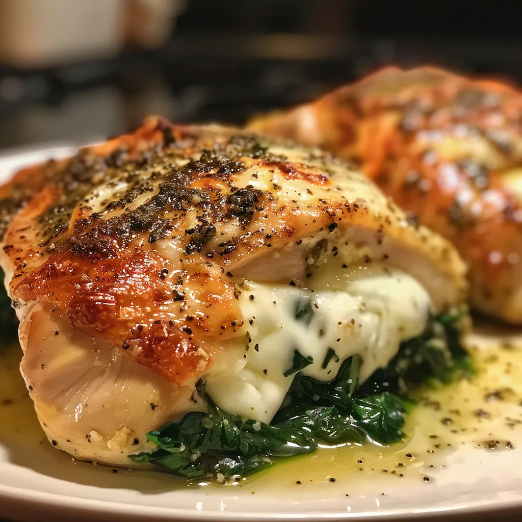 Tasty Spinach Mozzarella Stuffed Chicken, showcasing tender meat and rich filling.