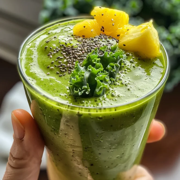 Refreshing Spring Detox Green Smoothie with chunks of pineapple and fresh spinach.