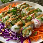 Juicy Spring Roll Salad displayed with purple cabbage, herbs, and crunchy peanuts, all coated in a rich peanut sauce.