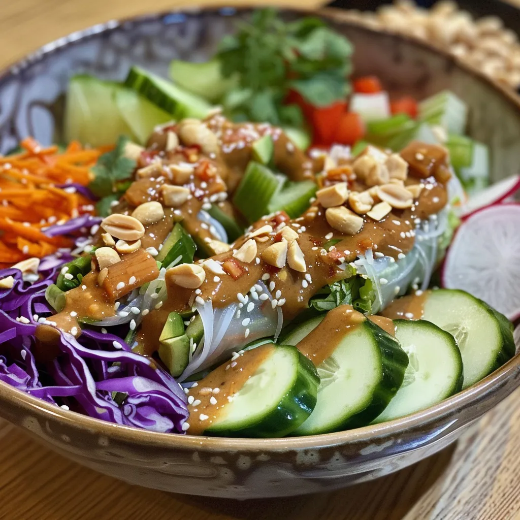 A delicious Spring Roll Salad with thin rice noodles and a mix of colorful vegetables, enhanced by a creamy sauce.