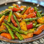 Side view of a delicious vegetable stir-fry showcasing fresh ingredients like asparagus and bell peppers.