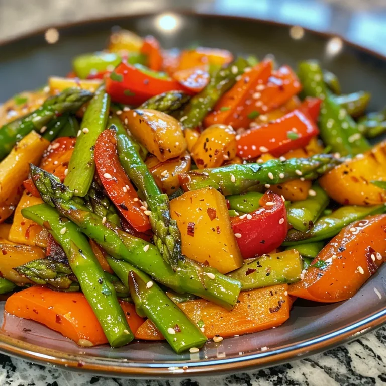 Side view of a delicious vegetable stir-fry showcasing fresh ingredients like asparagus and bell peppers.