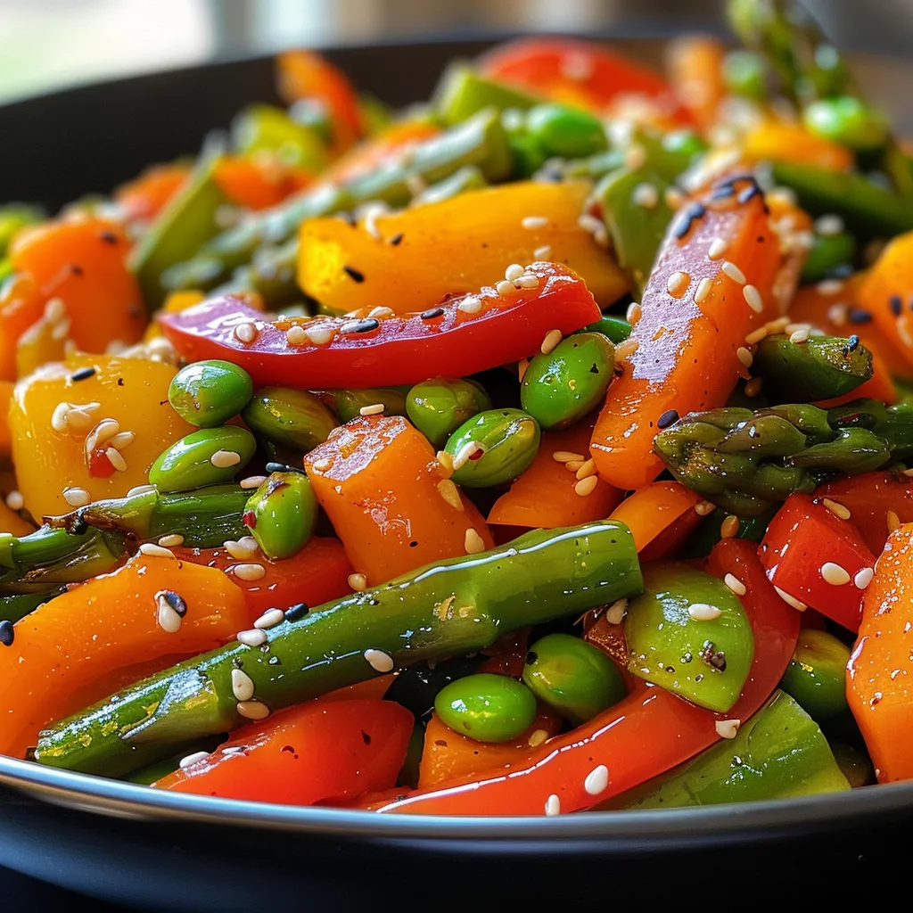 A vibrant mix of stir-fried vegetables with a shiny glaze, emphasizing fresh garlic and ginger.