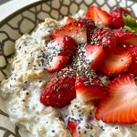 Juicy strawberries layered atop a creamy oat mixture, captured in natural light.