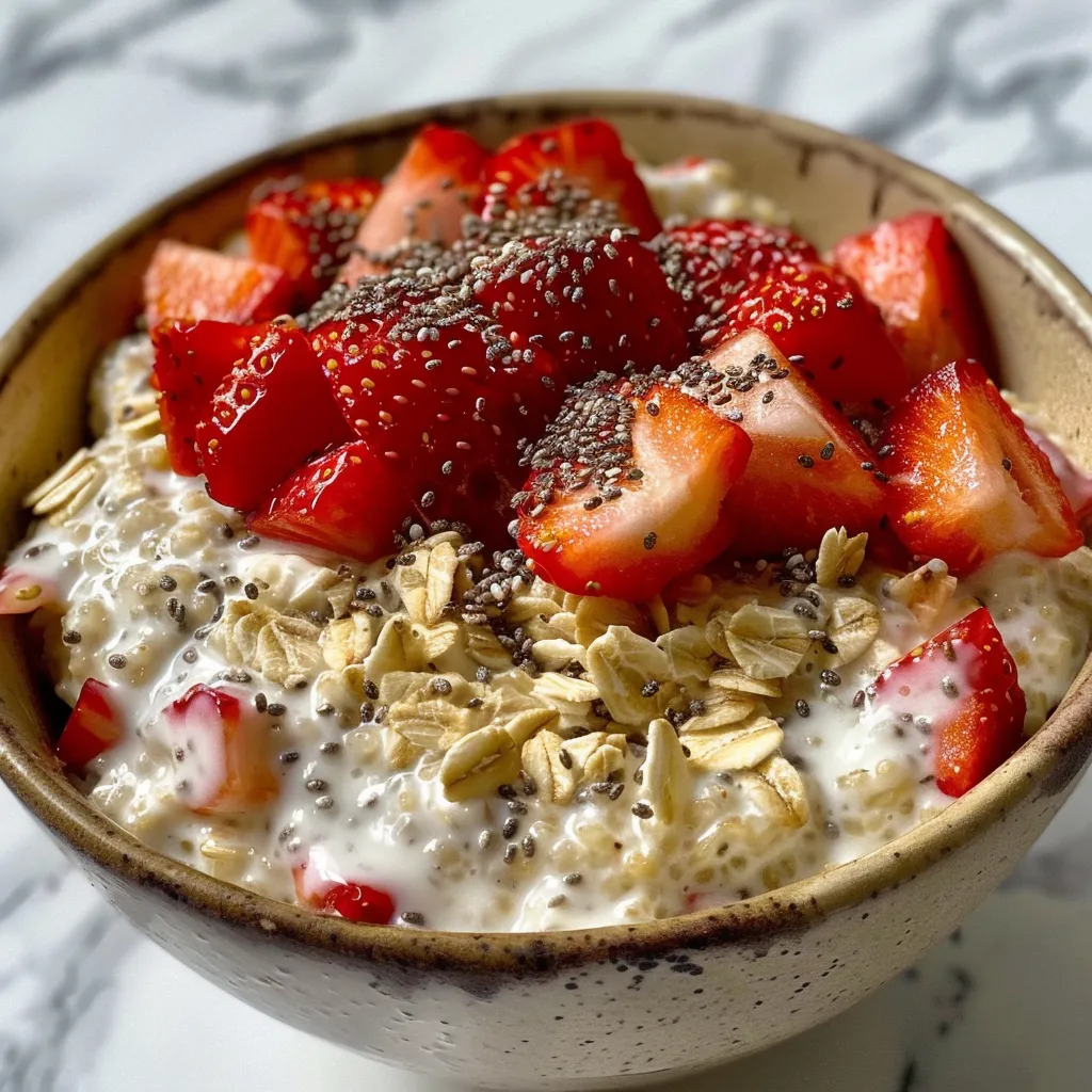 A visually appealing bowl of overnight oats with vibrant strawberries and a creamy texture.