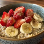 A bowl of oatmeal featuring vibrant strawberries and banana, captured with a smartphone.